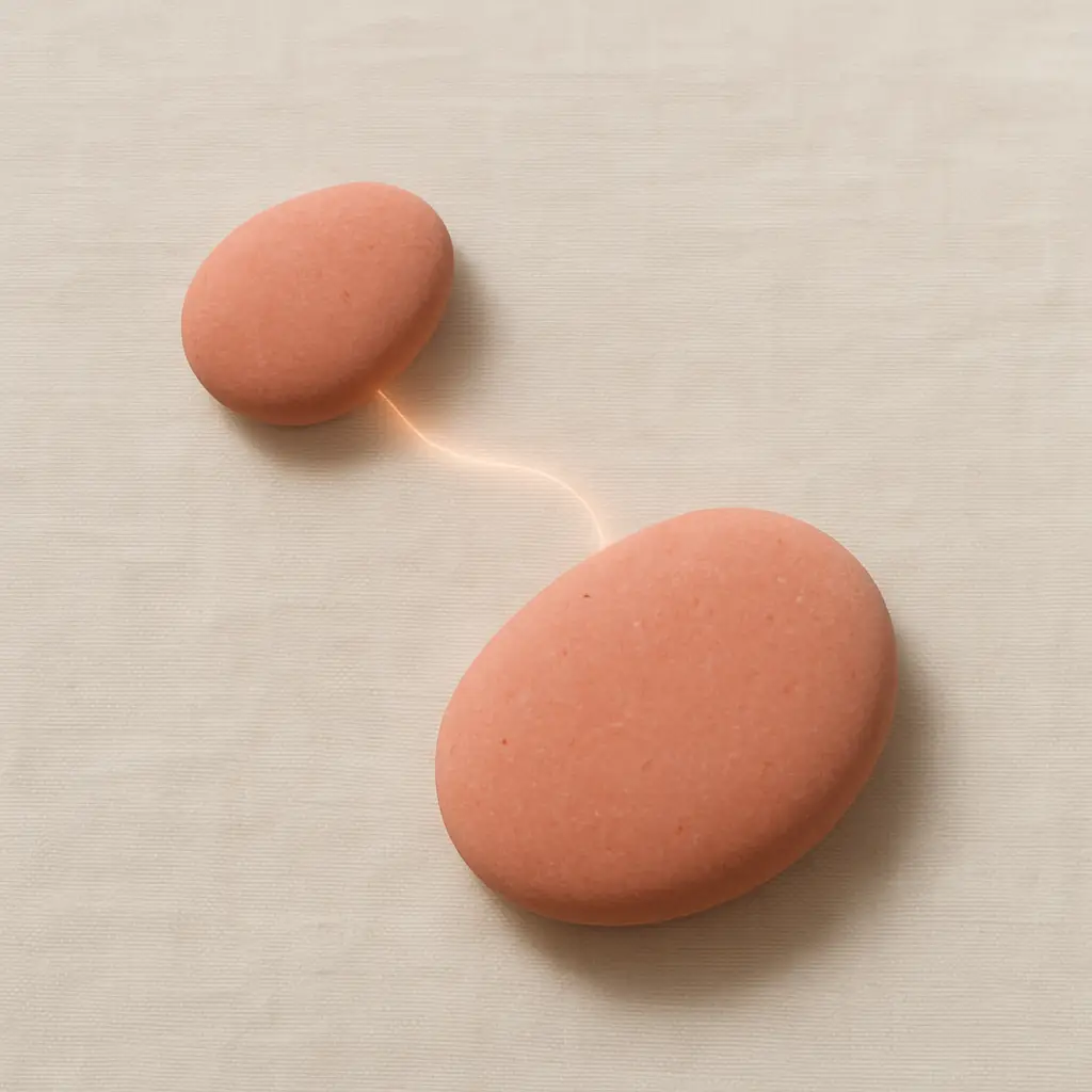 Two coral stones on linen, linked by a thread of light